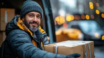 Delivery worker smiles while carrying package towards van in busy urban environment during winter photo