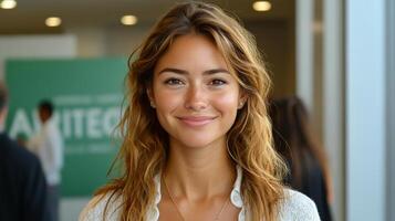 Smiling young woman with wavy hair in a modern indoor environment photo