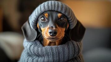 Cute dachshund wearing a cozy sweater in a warm indoor setting photo