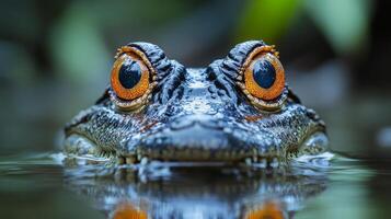 Close-up view of a crocodile partially submerged in muddy water, showcasing intricate textures and colors photo