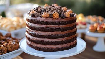 Chocolate cake decorated for a special occasion with assorted baked goods in the background photo