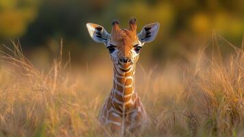 Giraffe peer into the distance in golden grassland under a clear blue sky photo