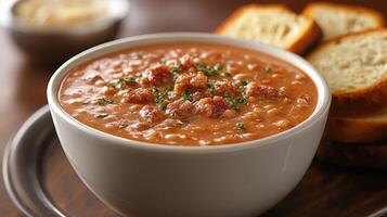 Delicious bowl of thick bean soup served with fresh bread on a wooden table during a cozy meal photo