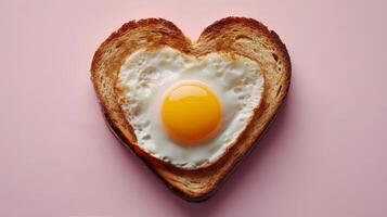 Creative breakfast with fried egg in heart-shaped toast on pink background photo