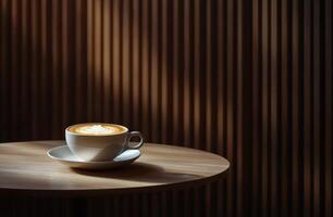 Coffee cup with intricate latte art on a wooden table in a warm atmospheric setting photo