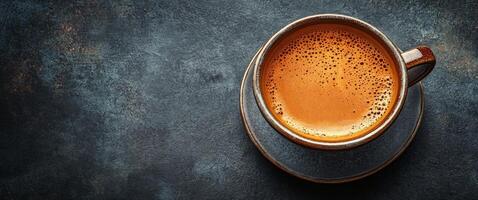 Rich brown coffee in a ceramic cup on a dark surface with a textured background photo