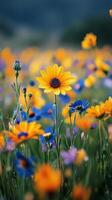 Vibrant yellow and blue wildflower field in late spring with lush green background photo