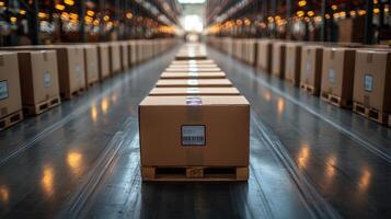 Warehouse filled with stacked cardboard boxes ready for shipment in a large distribution center photo