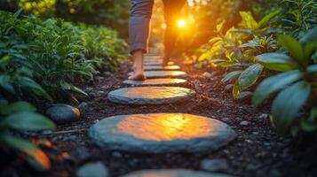 Walking barefoot on a stone pathway in a lush garden at sunset photo