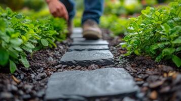 Walking barefoot on a stone pathway in a lush garden at sunset photo