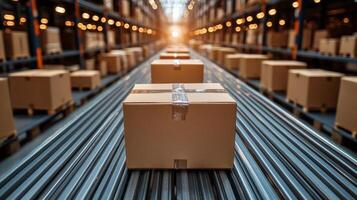 Warehouse filled with stacked cardboard boxes ready for shipment in a large distribution center photo