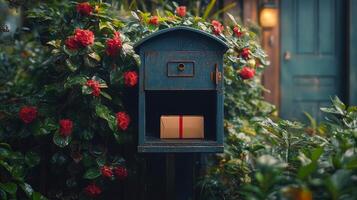 Vintage mailbox on a quiet street surrounded by autumn foliage in a suburban neighborhood photo