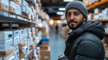 Warehouse filled with stacked cardboard boxes ready for shipment in a large distribution center photo