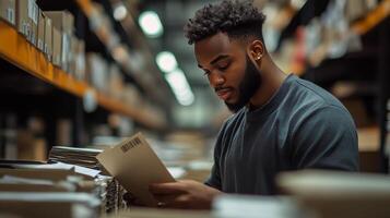 Warehouse worker organizing documents in busy storage area during afternoon hours photo