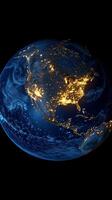 View of Earth from space showcasing city lights and cloud formations at night photo