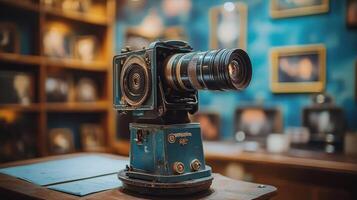 Vintage camera setup in a cozy creative workspace with antique decor and warm lighting photo