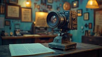 Vintage camera setup in a cozy creative workspace with antique decor and warm lighting photo