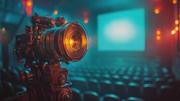 Vintage camera captures cinematic moments in an empty classic theater photo