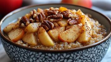 Warm apple and pecan quinoa bowl served with cinnamon and nutmeg for breakfast or snack photo