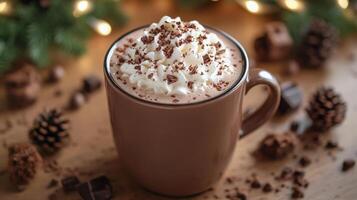 Warm cup of chocolate beverage topped with whipped cream and chocolate shavings at a cozy gathering photo