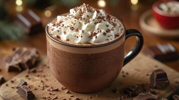 Warm cup of chocolate beverage topped with whipped cream and chocolate shavings at a cozy gathering photo