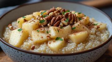 Warm apple and pecan quinoa bowl served with cinnamon and nutmeg for breakfast or snack photo