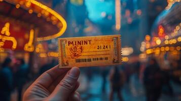 Vintage carnival ticket held up in festive street lit by colorful lights during evening hours photo