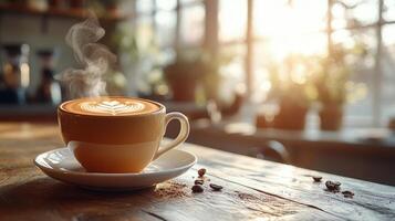 Warm coffee cup with latte art sitting on wooden table in a cozy cafe during afternoon sunlight photo