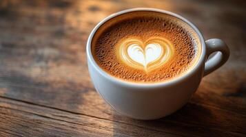 Warm coffee cup with latte art sitting on wooden table in a cozy cafe during afternoon sunlight photo