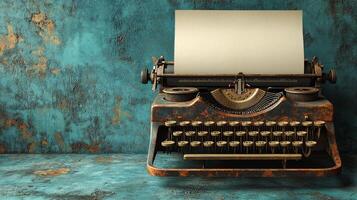 Vintage typewriter on a wooden table in a cozy indoor setting with plants photo