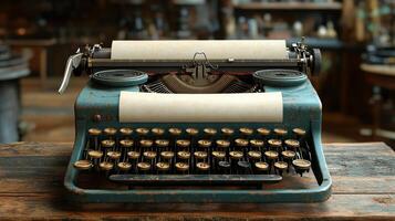 Vintage typewriter on a wooden table in a cozy indoor setting with plants photo