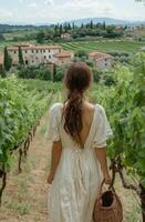 Walking through a vineyard in Tuscany with a basket on a sunny day photo