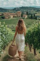 Walking through a vineyard in Tuscany with a basket on a sunny day photo