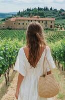Walking through a vineyard in Tuscany with a basket on a sunny day photo