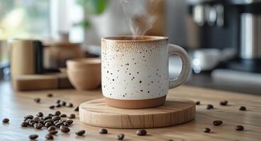 Warm coffee cup surrounded by coffee beans on rustic wooden table in cozy kitchen setting photo