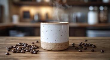 Warm coffee cup surrounded by coffee beans on rustic wooden table in cozy kitchen setting photo