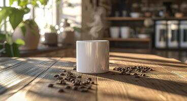 Warm coffee cup surrounded by coffee beans on rustic wooden table in cozy kitchen setting photo