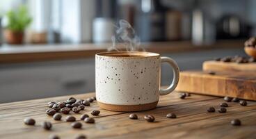 Warm coffee cup surrounded by coffee beans on rustic wooden table in cozy kitchen setting photo