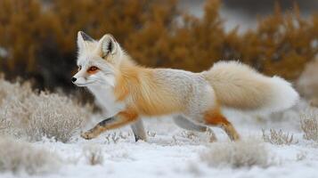 Red fox running through a snowy landscape during winter photo
