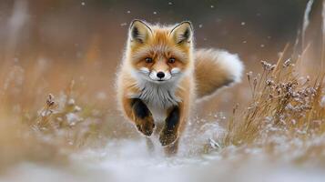 Red fox running through a snowy landscape during winter photo