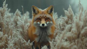 Red fox running through a snowy landscape during winter photo