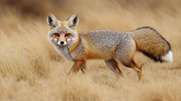 Red fox running through a snowy landscape during winter photo