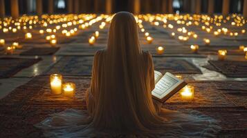 Reading in a tranquil candlelit environment during the evening hours photo