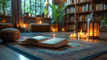 Reading in a tranquil candlelit environment during the evening hours photo