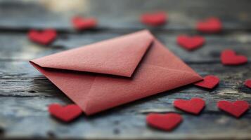 Red envelope surrounded by small heart decorations on wooden surface for romantic occasion photo