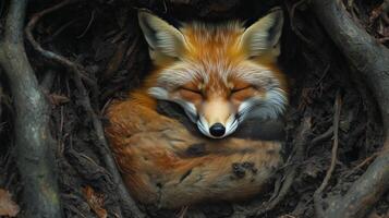 Red fox resting peacefully in its burrow during the day in a natural habitat photo
