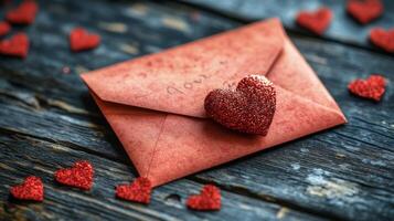 Red envelope surrounded by small heart decorations on wooden surface for romantic occasion photo