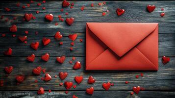 Red envelope surrounded by small heart decorations on wooden surface for romantic occasion photo