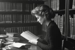 Reading in a quiet library filled with books during the afternoon photo
