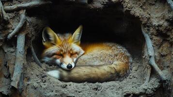 Red fox resting peacefully in its burrow during the day in a natural habitat photo